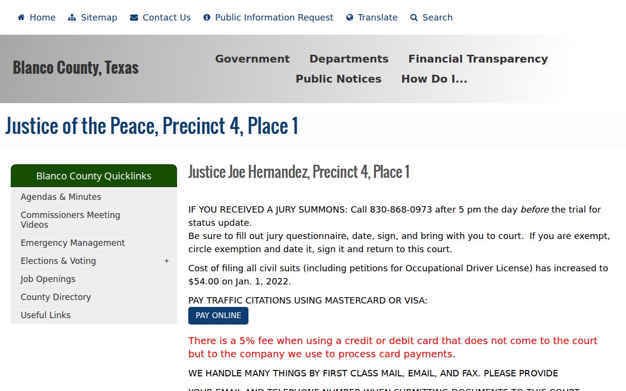 Blanco County warrant search: JP4 payment instructions and court contact