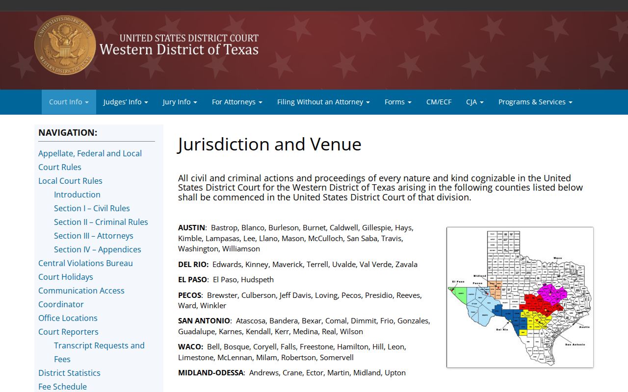 Blanco County arrest warrant context: federal Austin Division jurisdiction map