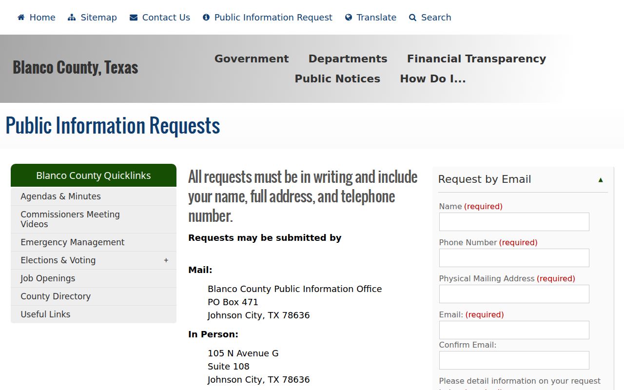 Blanco County warrant records: public information request form fields